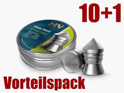 10+1 GRATIS x 150 StĂĽck H&N Silver Point Diabolo, Spitzkopf, glatt, Kaliber 6,35 mm, 1,58 g