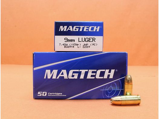 Cartuccia Magtech 9mm Luger Magtech 115gr JHP (9C) VE 50 cartucce / 7,45g proiettile a punta cava con rivestimento parziale