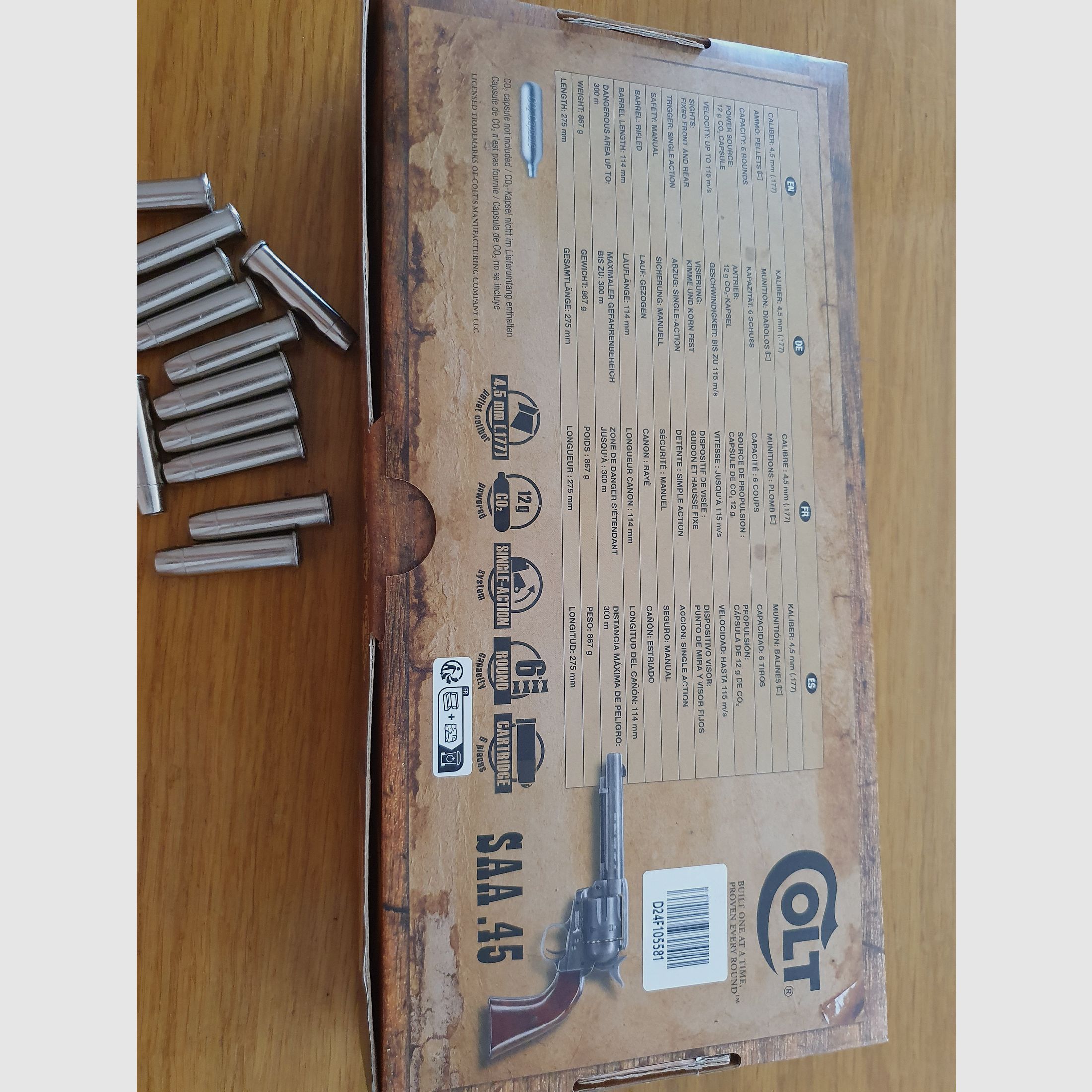 Colt Single Action Army SAA Co2 gezogener Lauf, 4,5 mm Diabolo, inkl. 12 Ladehülsen