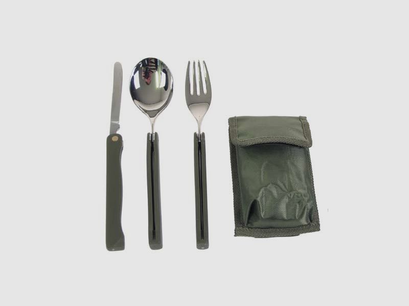 Cutlery set, "Camping", olive handle, foldable, in nylon case