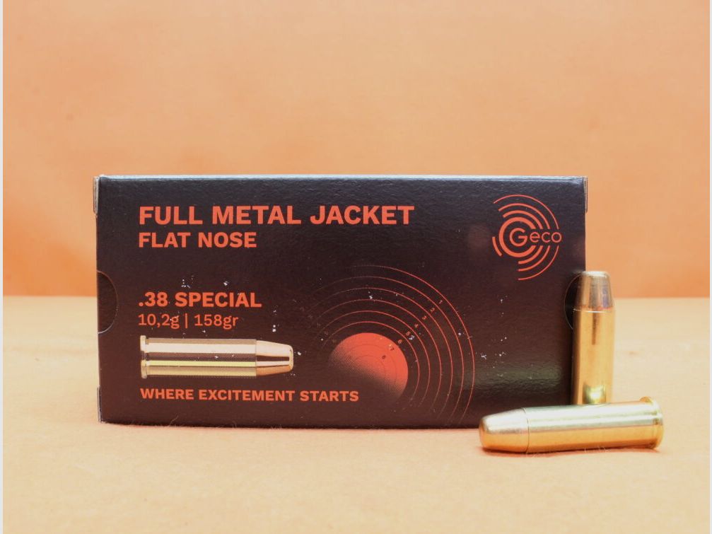GECO Cartucho .38Special GECO 158grs FMJ-FL (2317716) VE 50 cartuchos/ 10,2g punta plana de pleno metal