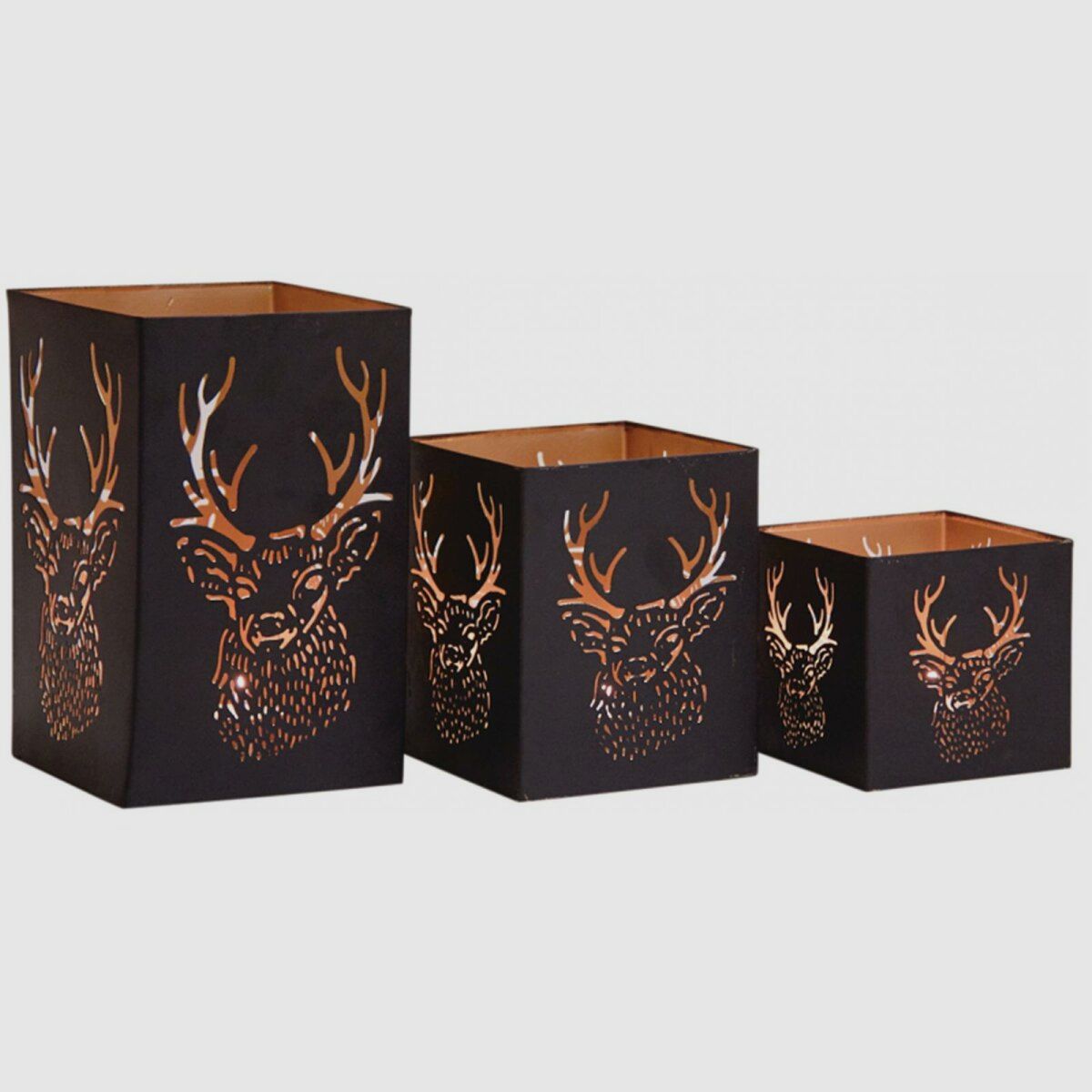 Lovergreen Dekoration Motiv Set mit 3 quadratischen Windlichtern Motiv: Hirschkopf - Lackiertes Metall