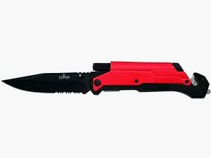 THIRD Navaja de rescate 17576RS, mango de aluminio rojo, hoja de acero inox negra de 10.5 cm con sierra. Con clip, cutter, punta rompevidrio en caja de presentación.