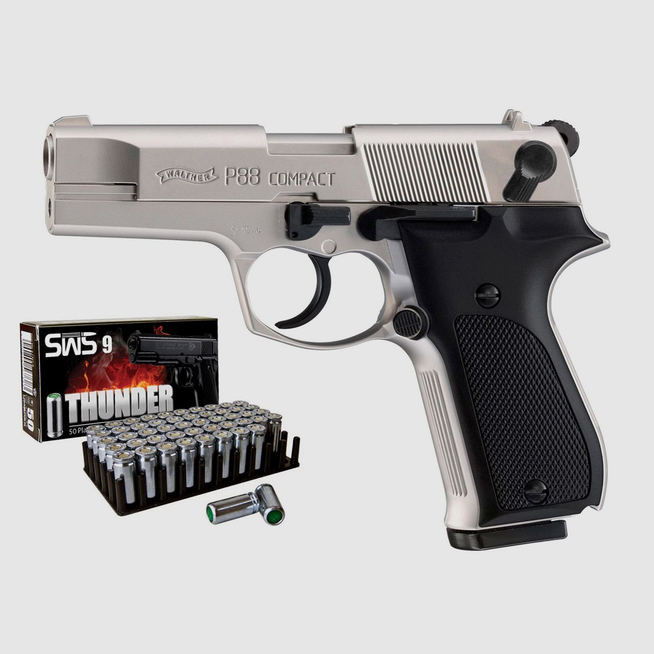 Schreckschuss Pistole Walther P88 Compact nickel KS Kaliber 9 mm P.A.K. (P18)+ 50 Schuss
