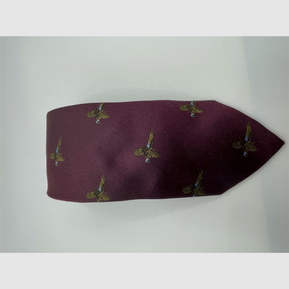 Robert Keyte tie 100% silk burgundy design of a strutting pheasant