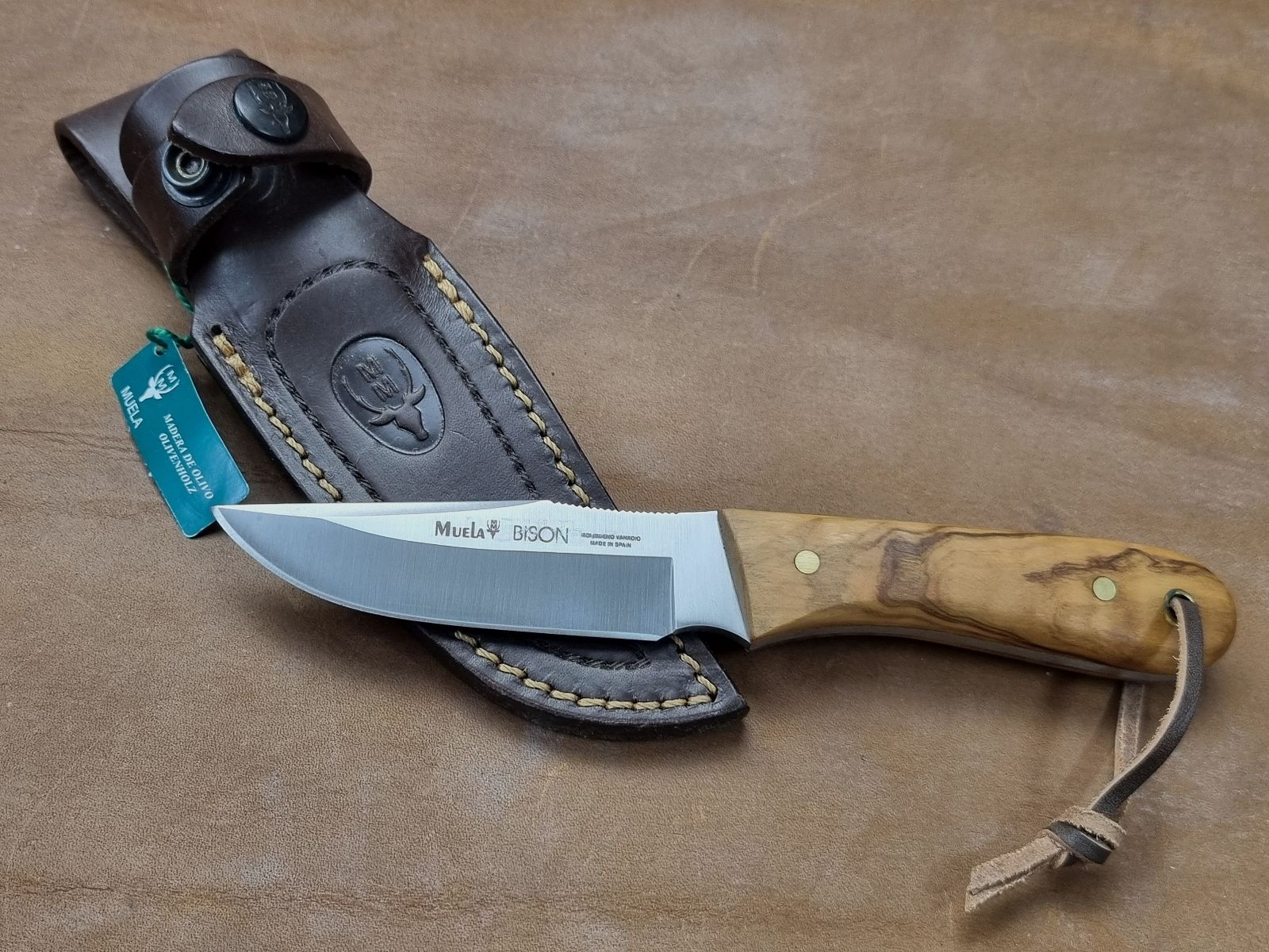 Muela small hunting knife Bison Olive with high-quality leather sheath