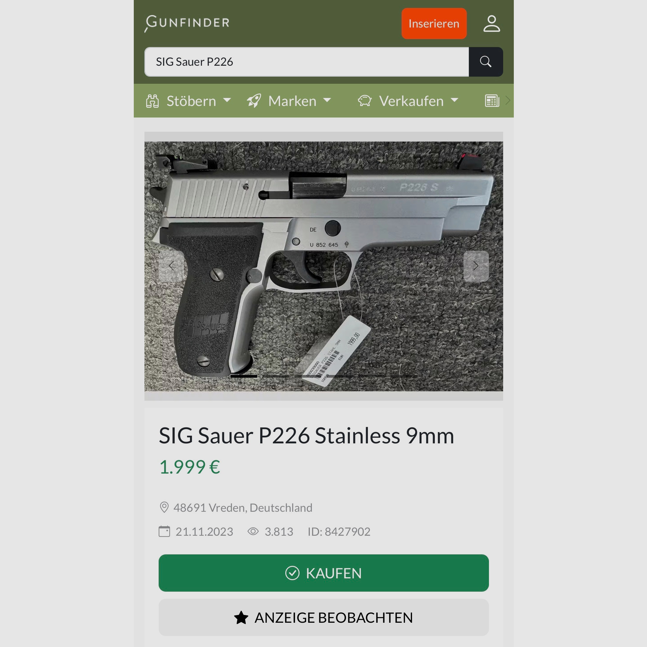 SIG Sauer P226 SL – Kaliber 9mm Luger – Sehr guter Zustand