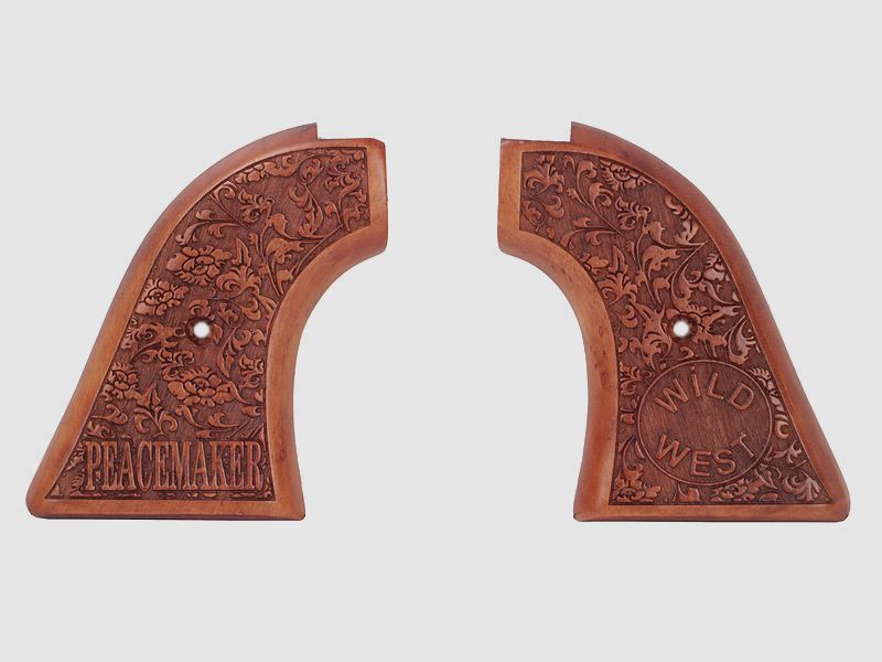 Holzgriffschalen fĂĽr Schreckschuss-, Gas-, Signalrevolver HS21 und ME 900 Blumenmuster mit Peacemaker Schriftzug