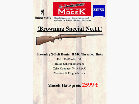 Browning X-Bolt Hunter II MC Threaded, avec Zeiss Conquest V4 3-12x56, gauche