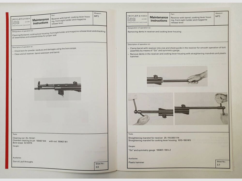 Instrukcje konserwacji i naprawy oryginalnego pistoletu maszynowego HK MP5 Heckler & Koch nr ID 927859 ENG