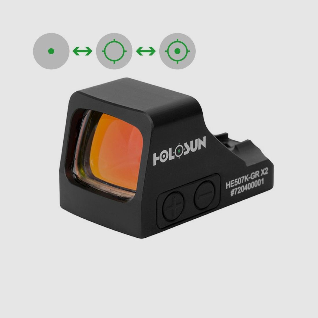 Holosun HE507K-GR-X2 cirkelpuntvizier OPEN MINI, zonne-energie 2 MOA punt & 32 MOA ring groen