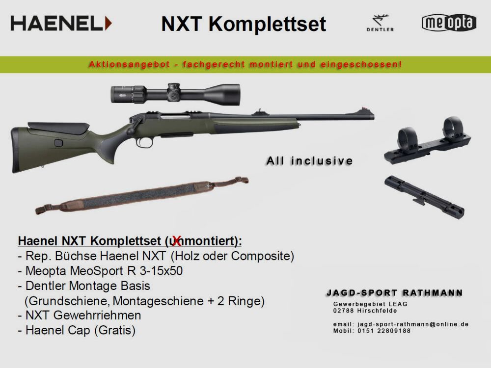 Pacchetto promozionale HAENEL NXT COMPOSITE + Dentler + Meopta 3-15x50 con garanzia di 5 anni HAENEL!