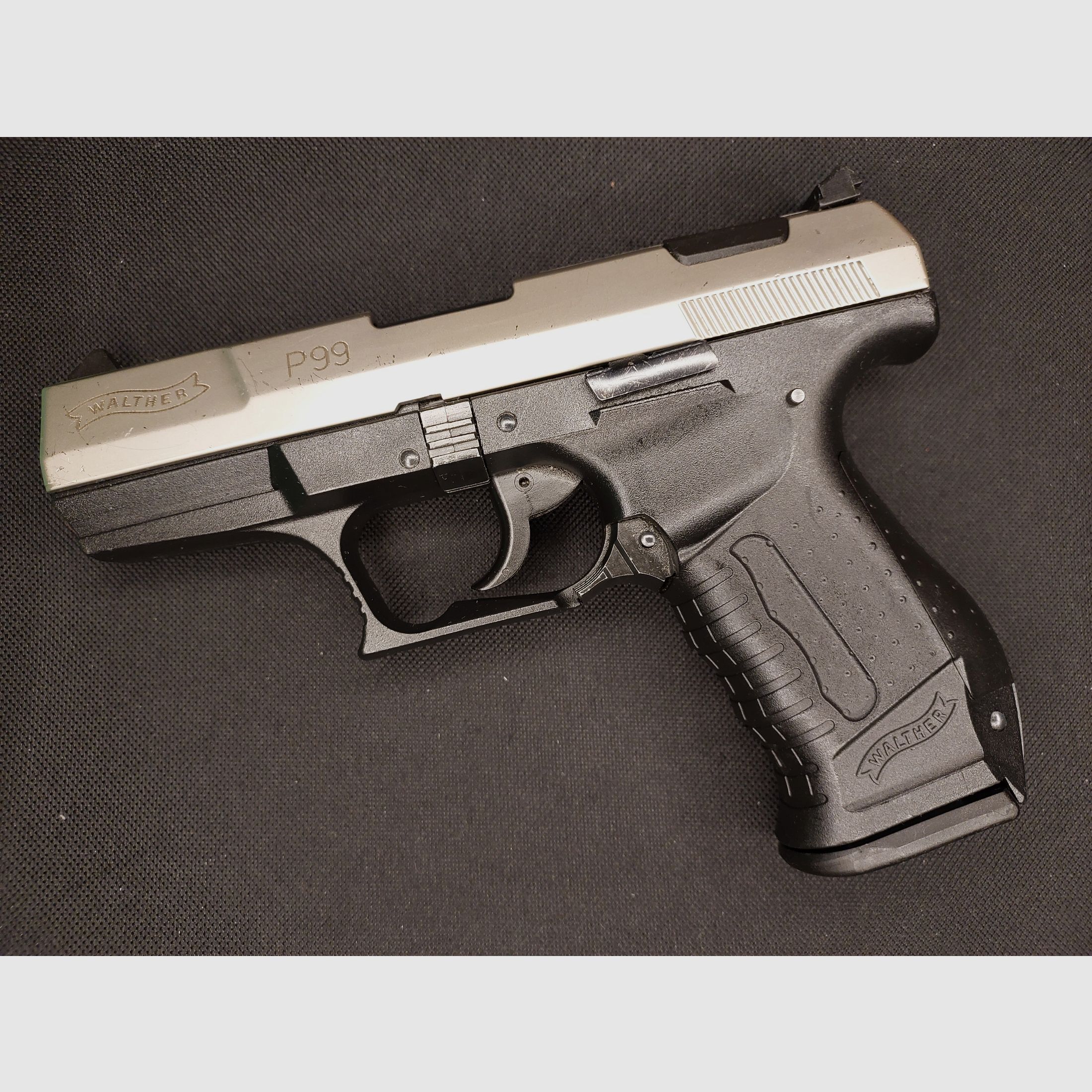 Walther P99 blank firing pistol 9mm P.A.K. bicolor nickel (PTB 762) P 99 with 2 magazines