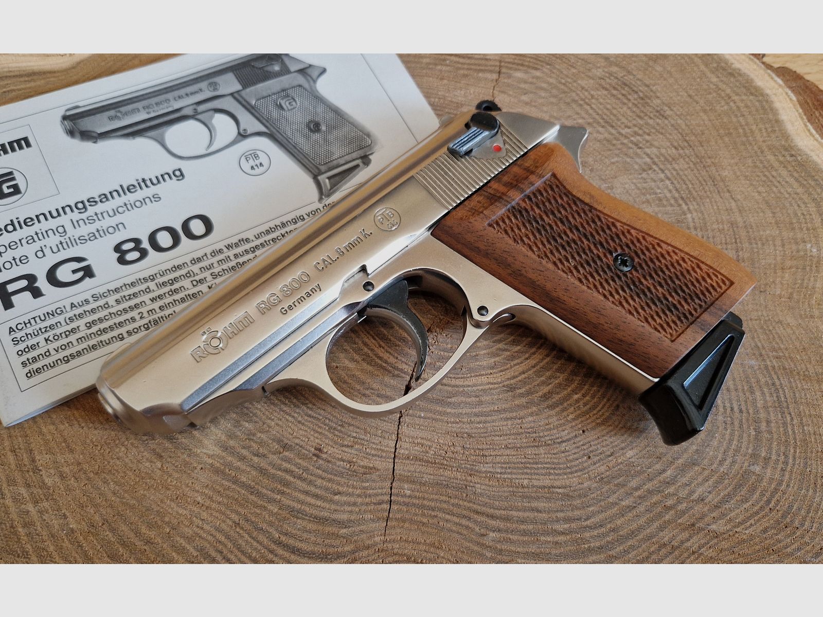 RÖHM RG 800 Pistole 8mm vernickelt mit Holzgriffschalen, gebraucht, OVP + Zubehör Schreckschuss
