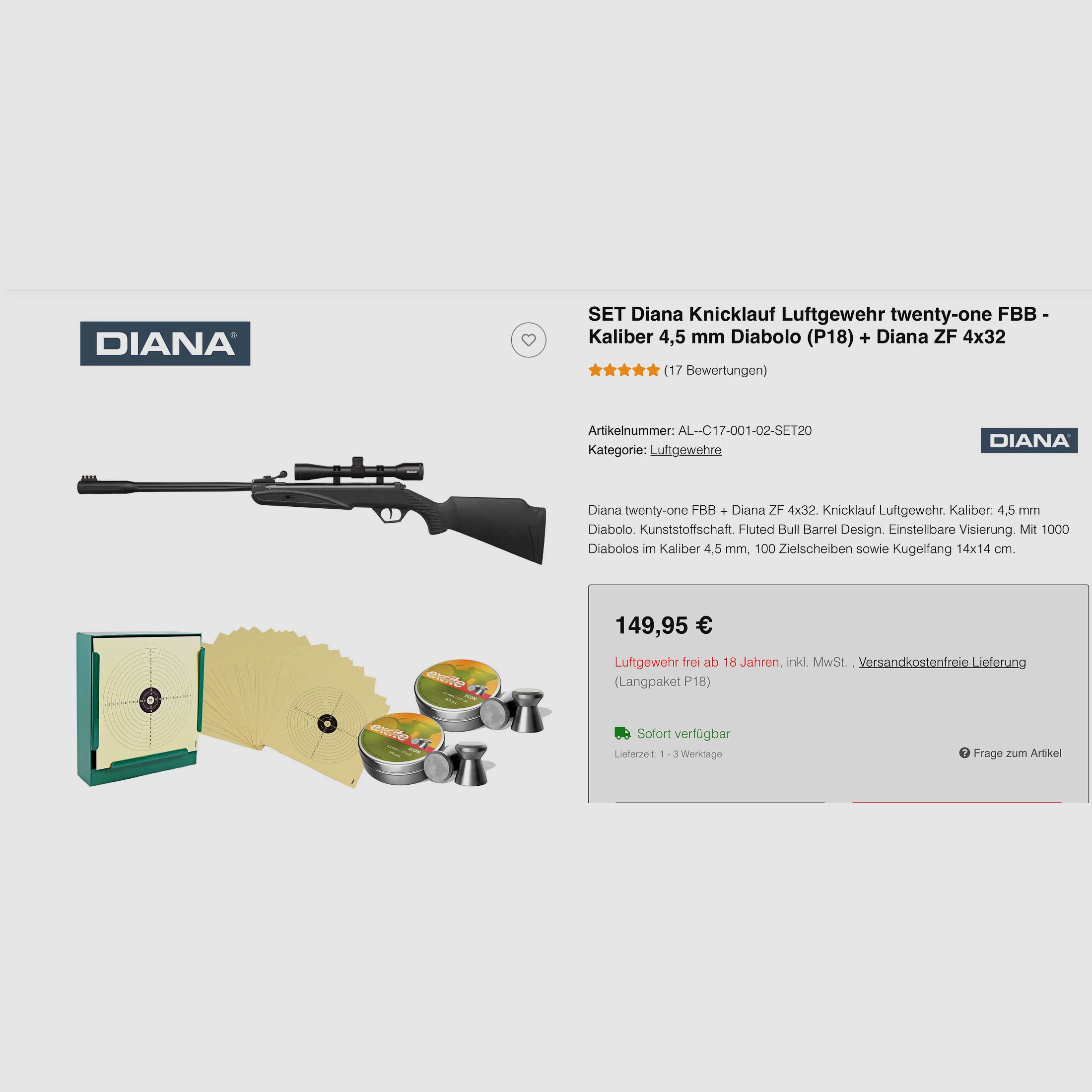 Diana Luftgewehr TwentyOne mit Diana 4x 32 Optik - TopZustand!