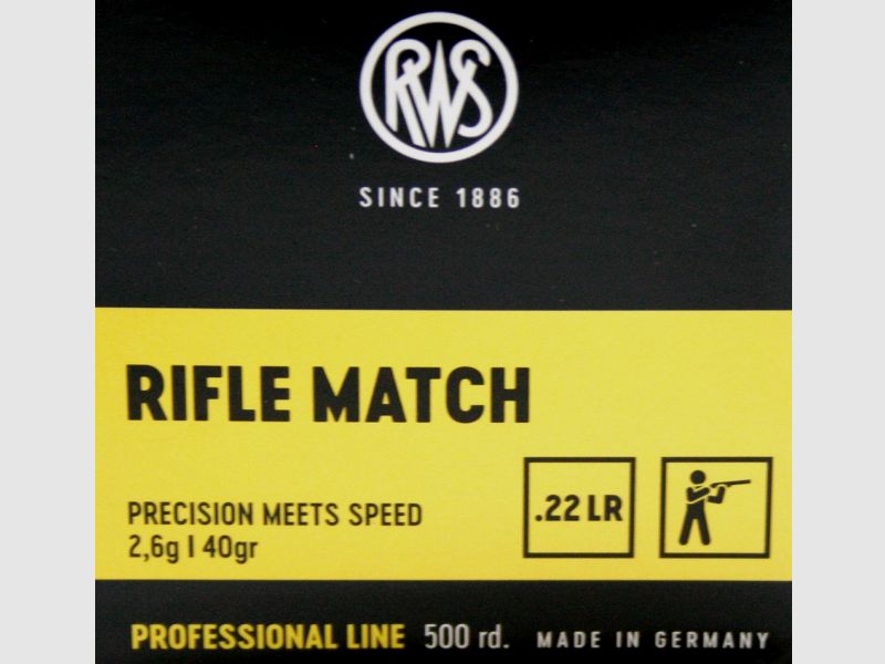 50 Stück / Schuss RWS .22 l.r. lfb KK Munition RIFLE MATCH 40grs 2,6g LRN Blei Rundkopf 330 m/s