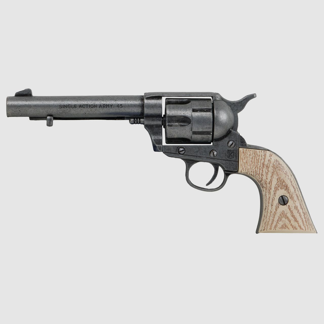 Deko Revolver Kolser Colt SAA .45 Peacemaker USA 1873 5,5 Zoll antik grau weiĂźe Griffschalen