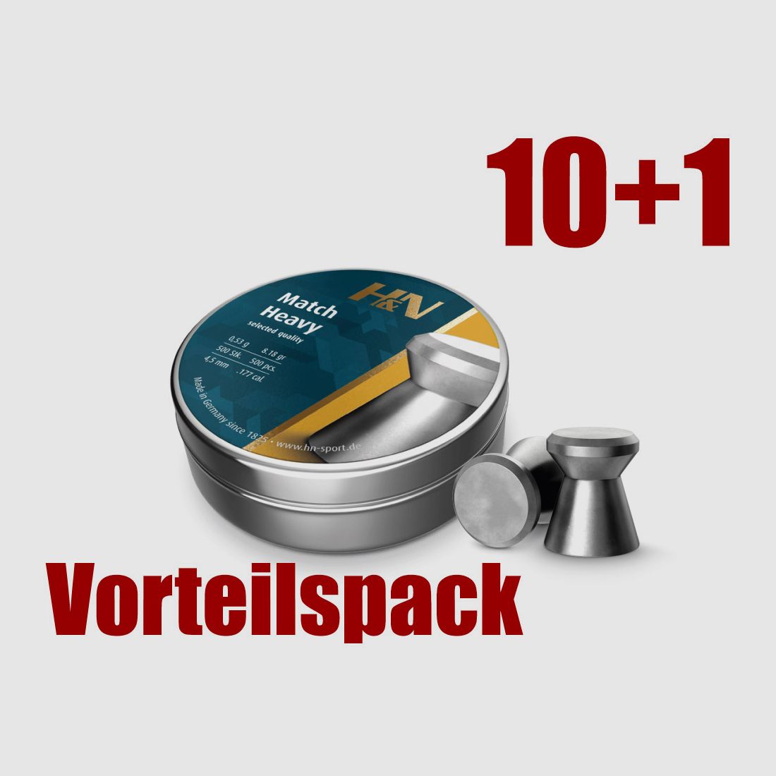 Vorteilspack 10+1 Flachkopf Diabolos H&N Match Heavy Kaliber 4,5 mm 0,53 g glatt 11 x 500 StĂĽck