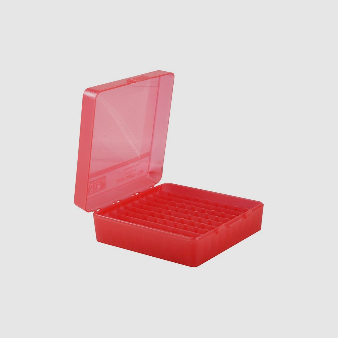 MTM scatola per cartucce P-100-44-29 rossa trasparente con coperchio a ribalta per 100 cartucce .44 Mag. e altre.