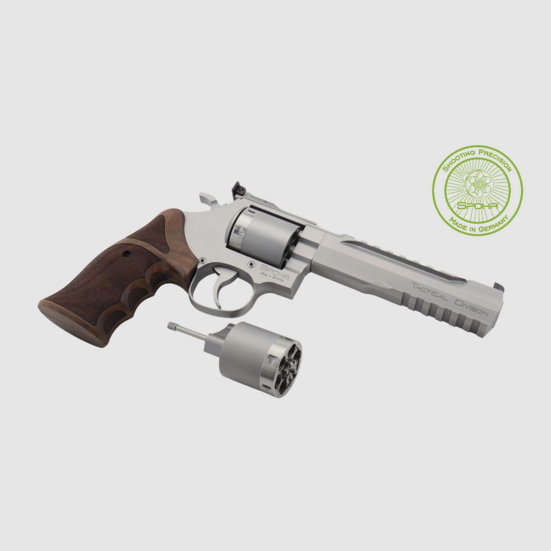 Revolver Spohr L562 Tactical Division en acier inoxydable avec barillet interchangeable 9mm fabriqué en Allemagne