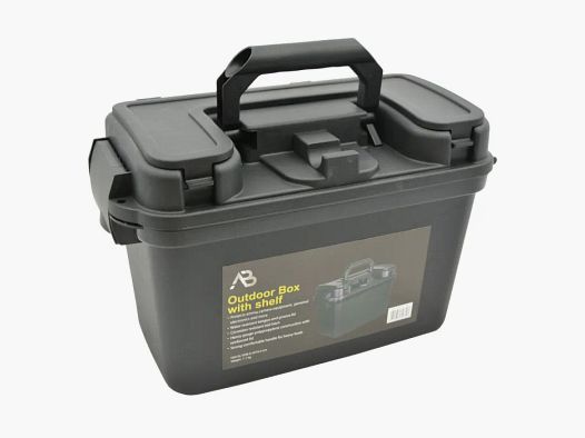 Box / Skrzynka na amunicję z dnem wewnętrznym - 38 x 19 x 24 cm, czarna - wodoodporna + zamykana, odporna na uderzenia plastik