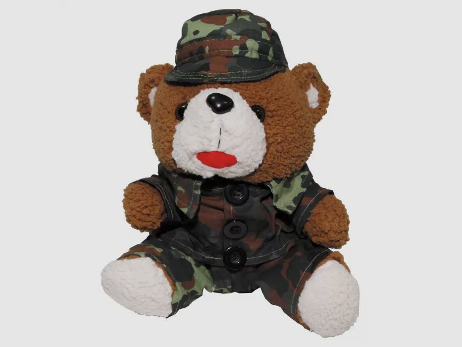 Osito de peluche con traje y gorra, camuflaje, aproximadamente 28 cm de alto