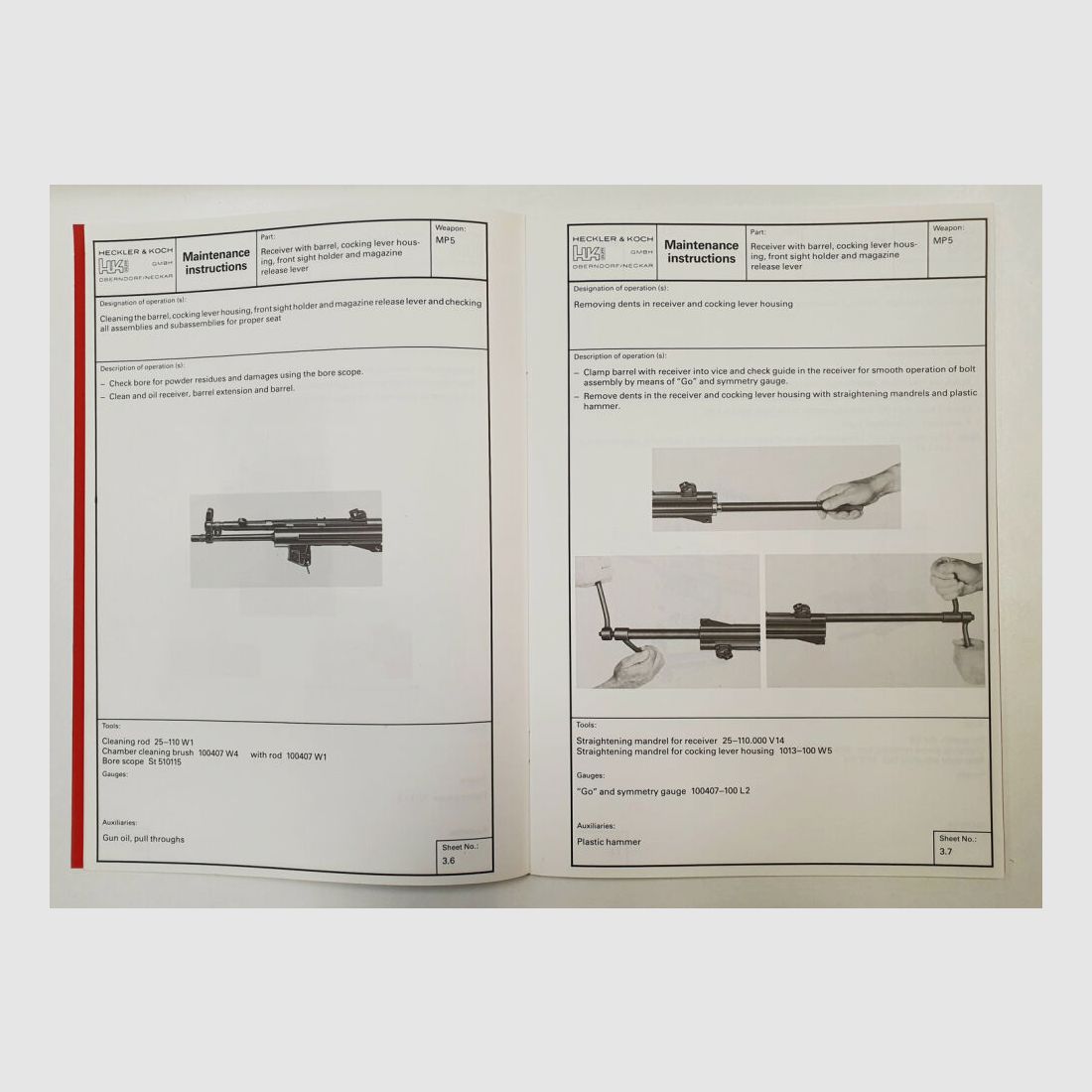 Heckler & Koch original HK MP5 SUBMACHINE GUN INSTRUCTIONS FOR MAINTENANCE AND REPAIR ID-No. 927859 ENG