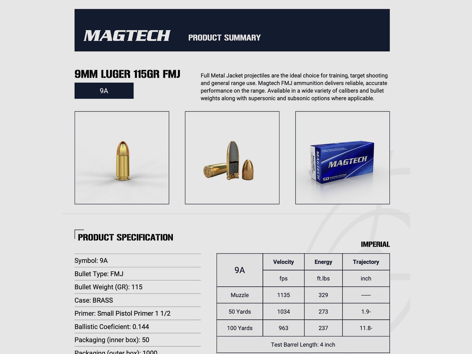 Magtech 144800 9 mm Luger Vollmantel 7,45g/115grs. Pistolenmunition