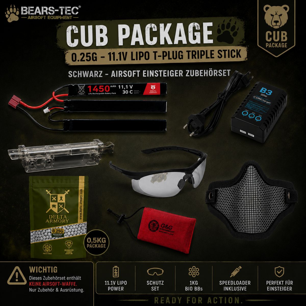 Cub Package 0.25g – 11.1v LiPo T-Plug Triple Stick Czarny – Zestaw Akcesoriów dla Początkujących do Airsoftu