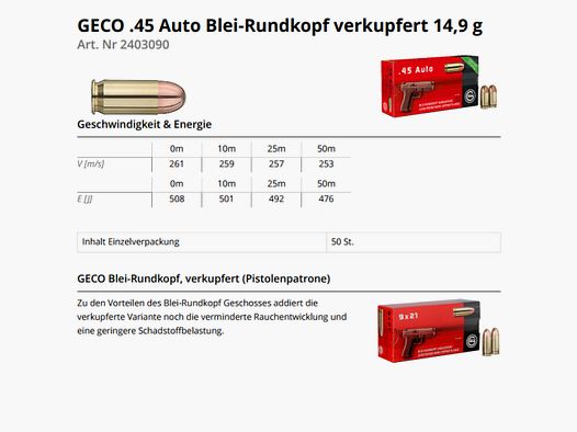 GECO Pistolenmunition .45Auto BRK SX (Superclean) 50 Stk  230grs/14,9g