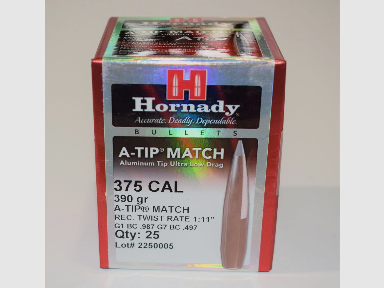 DOOS 25 KOGELS HORNADY 390 grains A-TIP MATCH kal. 375 ref. 3729