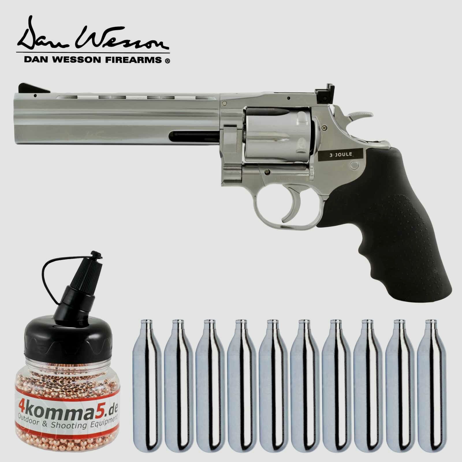 Luftpistolenset Dan Wesson Co2-Revolver 715 Lauflänge 6" 4,5 mm Stahl BB Silber (P18) + 10 Co2-Kapseln + 1500 Stahl-BB's 4komma5