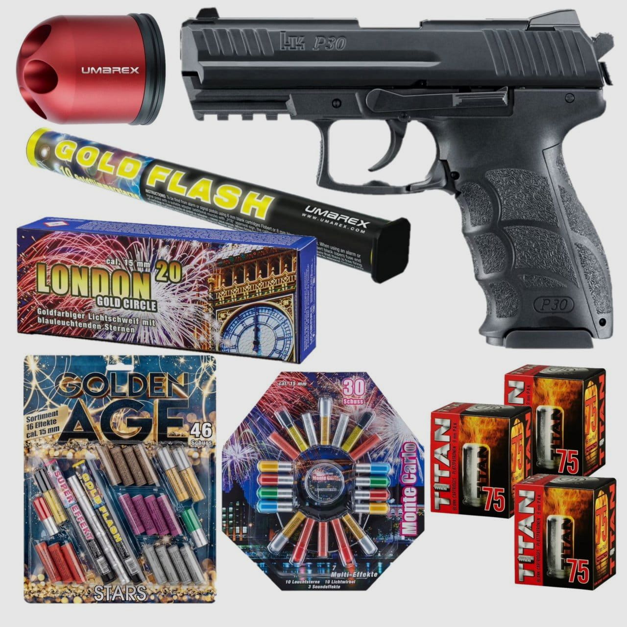 Silvester Feuerwerk Set Heckler & Koch P30 Schreckschuss Pistole 9 mm P.A.K. ...