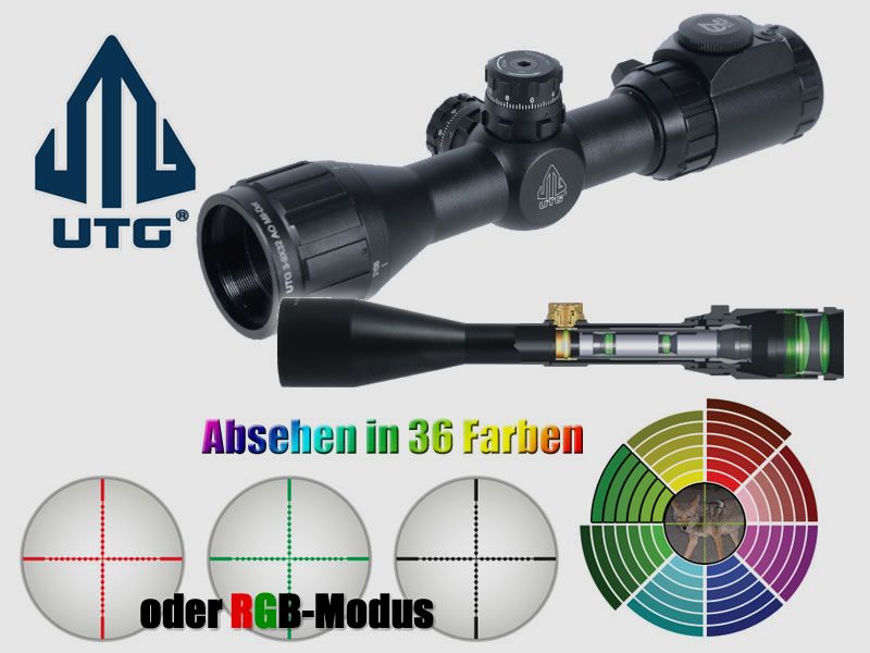 Zielfernrohr UTG BUG BUSTER 1 Zoll 3-9x32 AO, RGB+36 Farben Mil-Dot, Zero Lock, mit 11 mm und 22 mm Montage