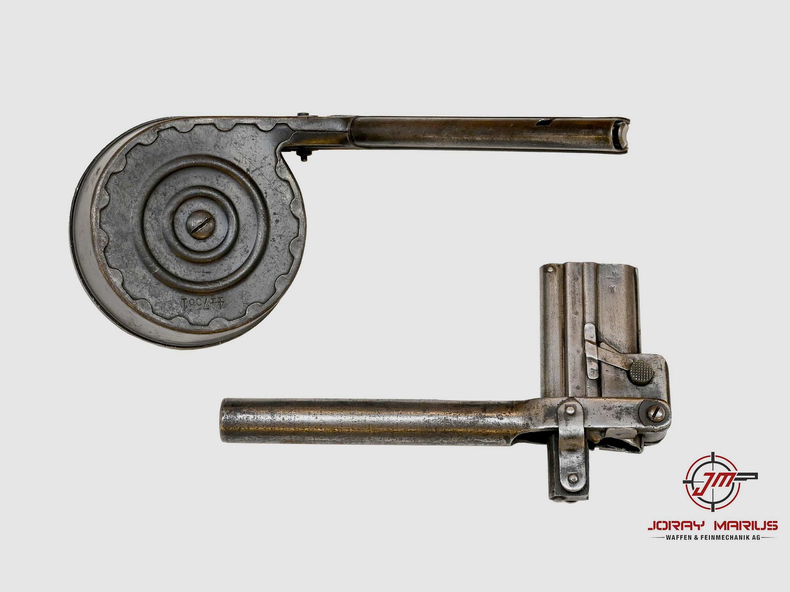 Drum magazine TM08 for Luger P08 with magazine loader, original Bing Nürnberg