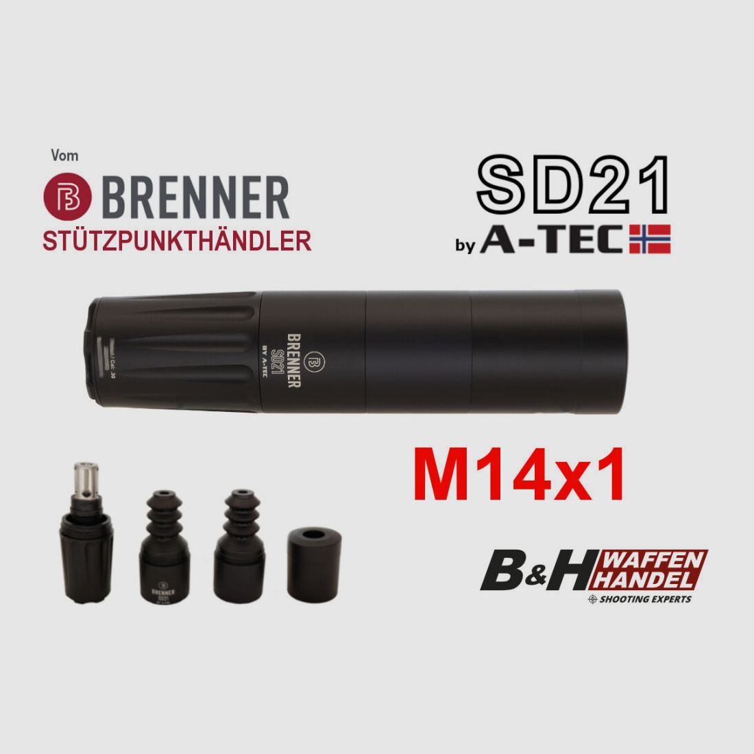 Brenner (por A-TEC) silenciador SD21 sobre el cañón M14x1 hasta calibre: .30