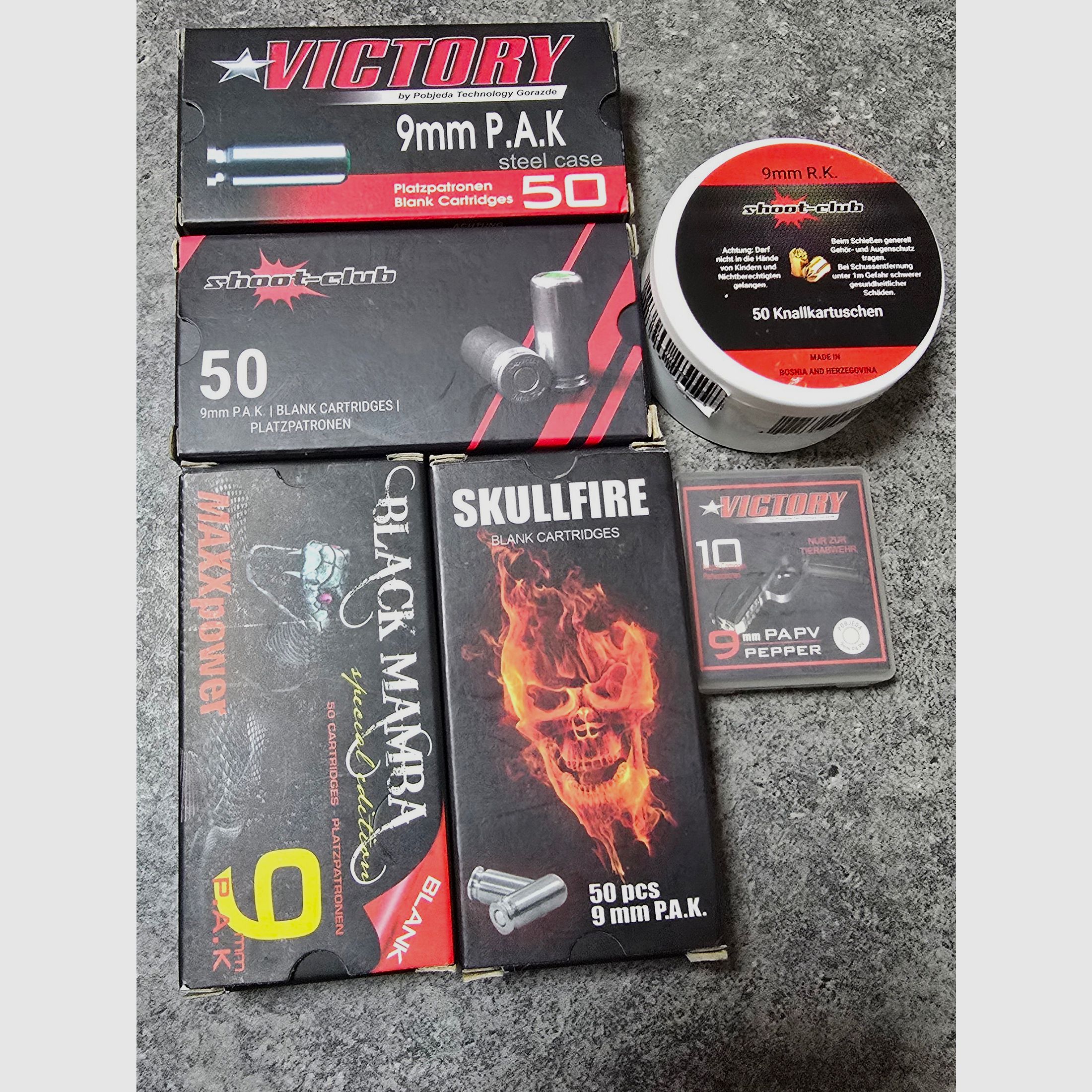 Platzpatronen 9mm PAK Pfeffer 9mm RK .45 Short Walther Skullfire RWS Berserk