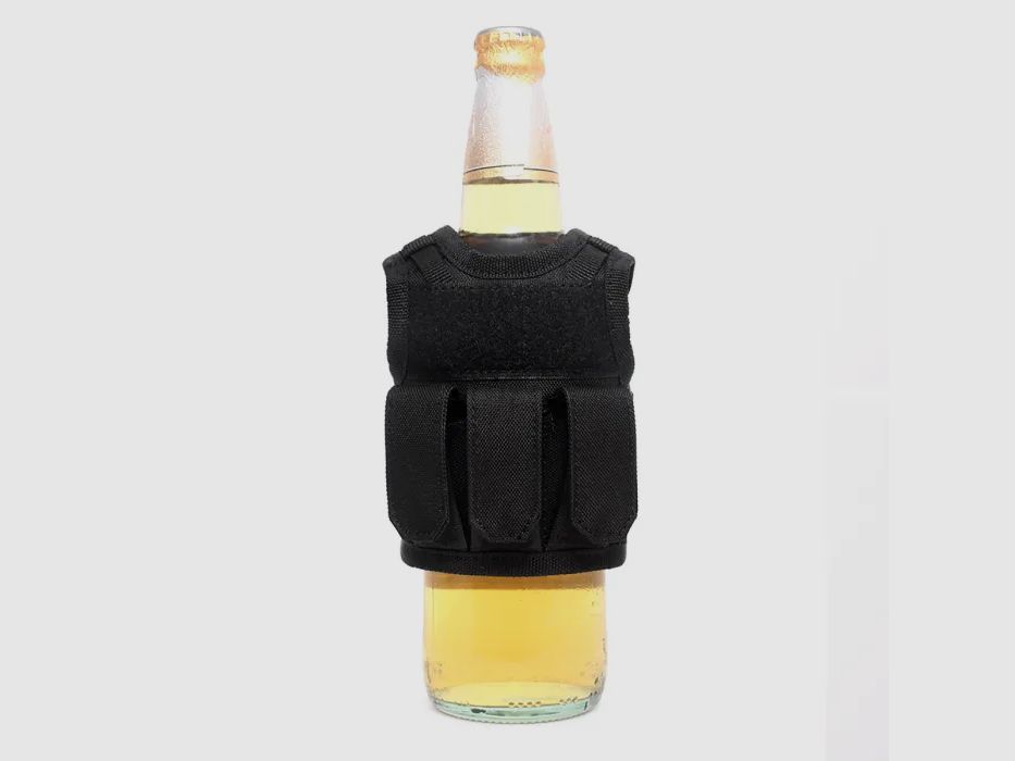Mini tactical vest with front pockets for beer bottle / wine bottle / thermos bottle - black