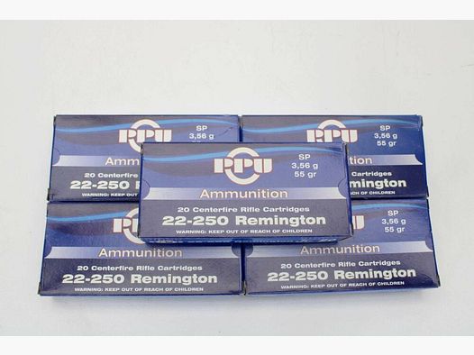 100 Schuß PPU .22-250 Rem mit 3,56gramm 55gr. SP 5x20er Pack