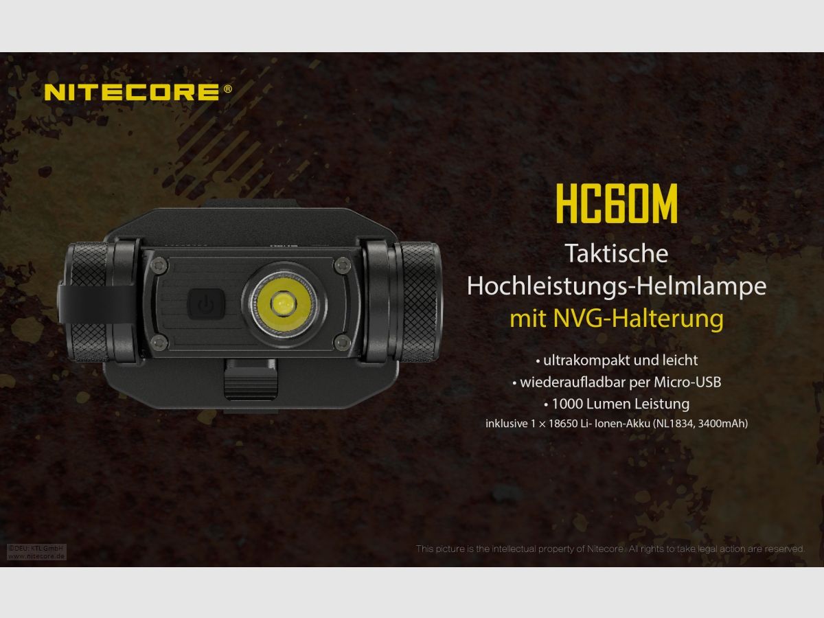 Nitecore HC60M headlamp HC60M 1000 lumens including battery and NVG mount