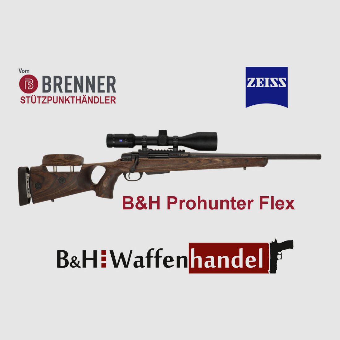 Brenner Komplettpaket: BR20 B&H Prohunter Flex Lochschaft mit Zeiss V6 2.5-15x56 fertig montiert