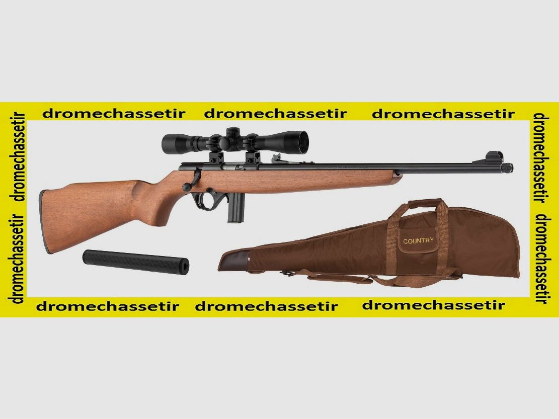 Pack carabina Mossberg Plinkster legno cal. 22lr, con ottica, silenziatore e fodero