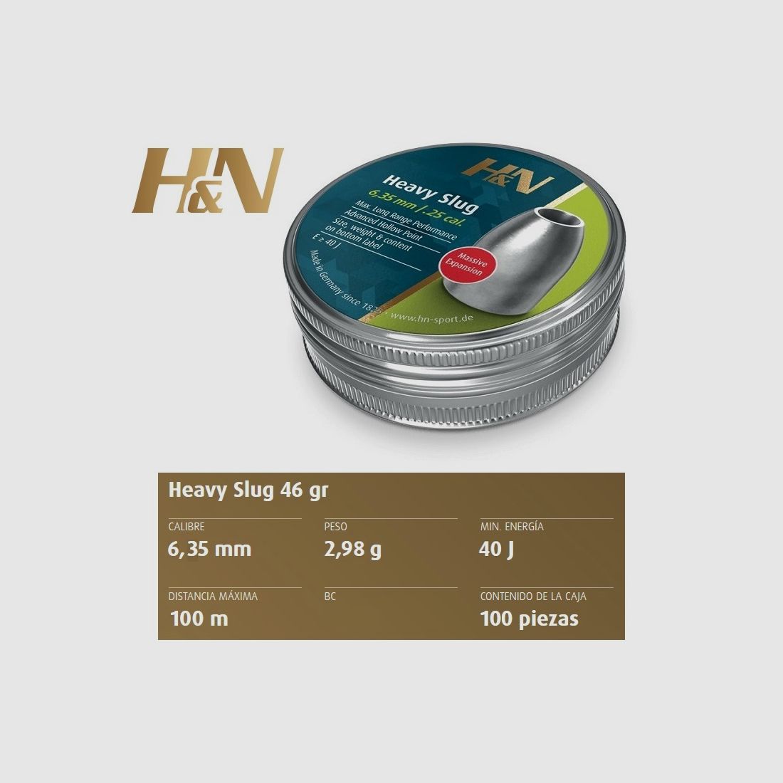 H&N Slug HP HEAVY kal. 6,35 mm /.250″ – Blik met 100 diabolos van 2,98 g.