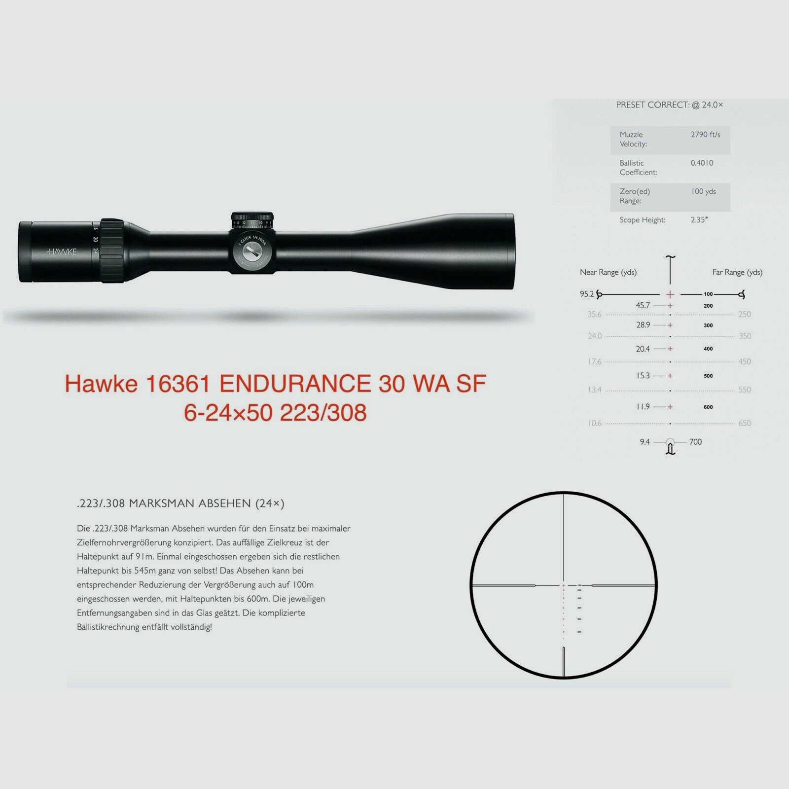 HAWKE 16361 Zielfernrohr ENDURANCE 30 WA SF 6-24x50 223/308 IR