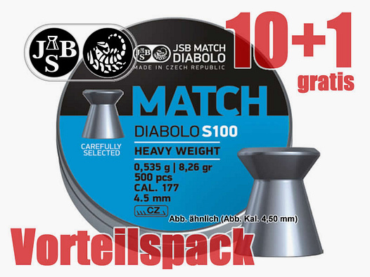 10+1 GRATIS x 500 St. Match-Diabolo JSB MATCH S100 HEAVY, Kal. 4,52 mm, 0,535 g