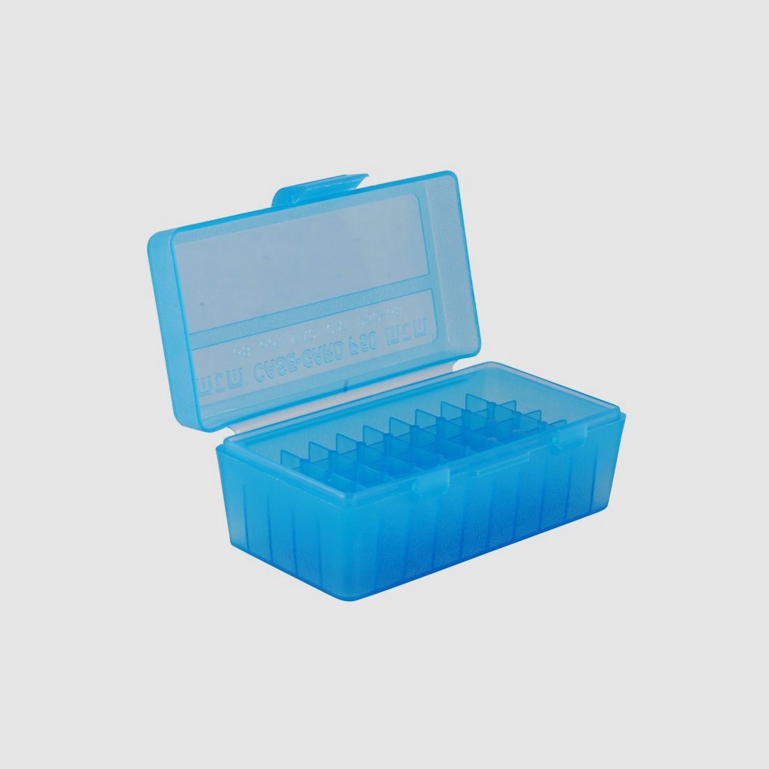 Boîte à cartouches MTM P50-38-24 bleu clair avec couvercle rabattable pour 50 cartouches .38 Spec. et autres.