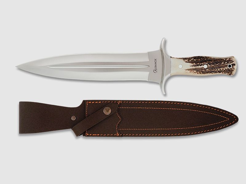 Saufeder deer horn large hunting dagger with leather sheath