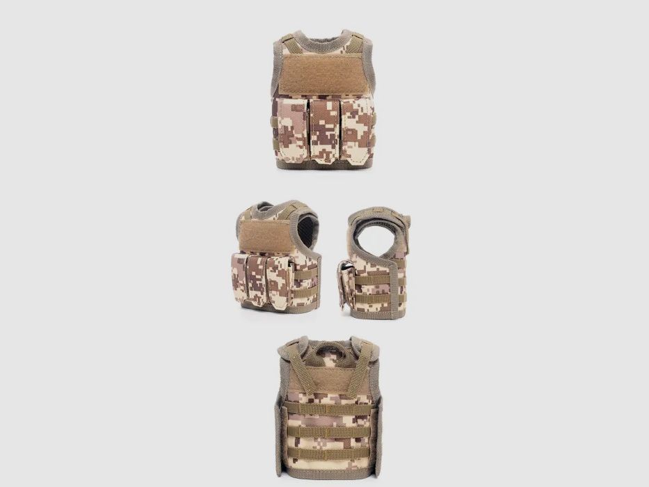 Mini Tactical Schutzweste mit Fronttaschen für Bierflasche / Weinflasche / Thermosflasche - Digital-Desert