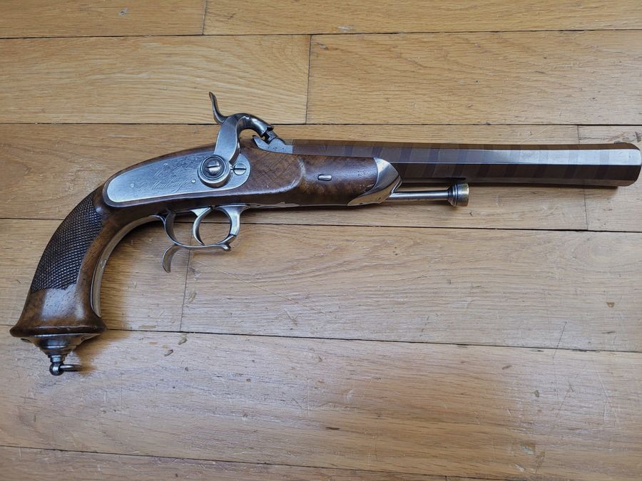 Wunderschöner Kavallerieoffizierspistole 1833 – 1. Typ – Königliche Manufaktur von Maubeuge – Hervorragender Lauf aus gewelltem Stahl 48 "Haare" – Noch 99% Originalbrünierung – Sehr guter Zustand++, Bild 2 von 29