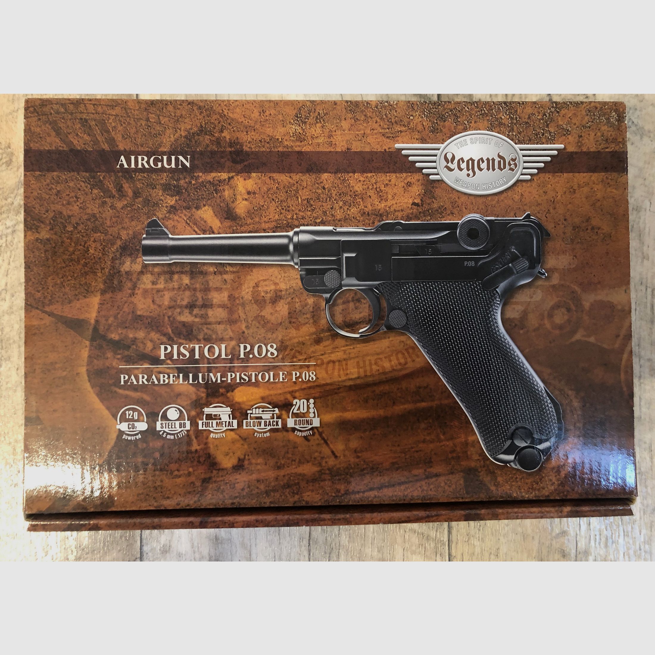 Legends air pistol P08 CO2, Parabellum pistol, 4.5 mm blowback, black, airgun